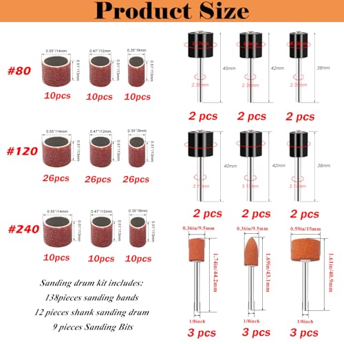 Sanding Drum Set for Most Rotary Tools-Includes 138 Aluminum Oxide Drum Sander Sanding Sleeves (80,120,240 Grit),12 Drum Mandrels and 9 Sanding Bits,Sanding Bits Tool Accessories with Box - color: 159pcs-3 Styles