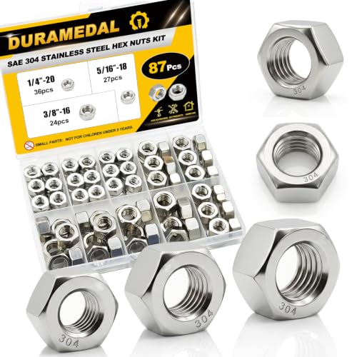 87Pcs SAE Hex Nuts Set 1/4-20 5/16-18 3/8-16 304 Stainless - size: SAE 3Size Set1;87pcs