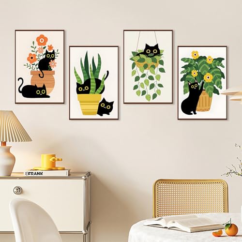 4 Pack Paint by Numbers Kit for Adults with Frame, Black Cat & Green Plant - color: OP4FUS2506-04