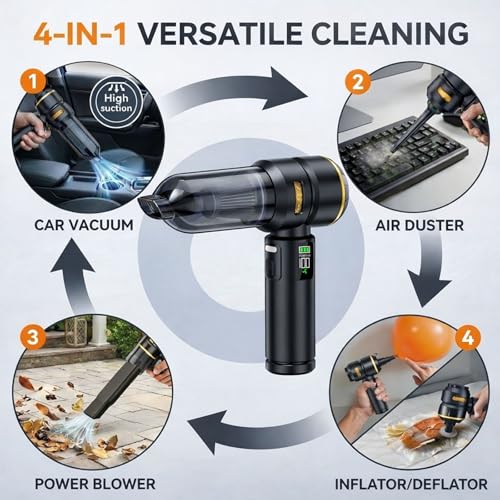 Handheld Car Vacuum Cleaner, 17000Pa High Power Cordless Vacuum Cleaner, 4-in-1 Portable Mini Air Duster, with LED Light and Multi-Nozzles, Vacuum for Car, Home, Office, Pet Hair