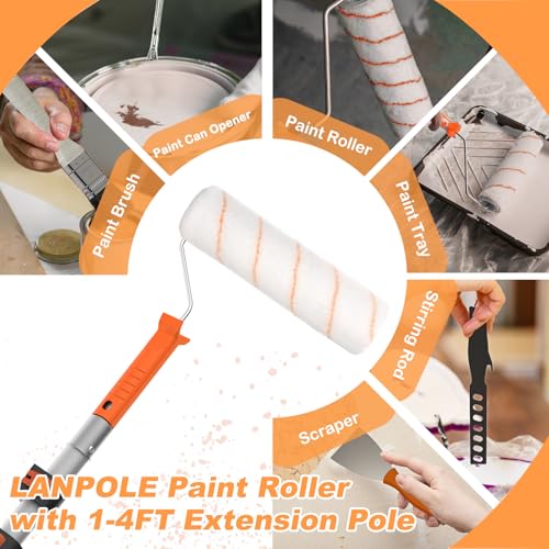 LAANPOLE Paint Roller Kit, 27 Piece Paint Supplies, 9"4" Paint Rollers, 1-4FT Extension Pole, Paint Brushes for Walls, Microfiber Roller Covers for Professional Painting, Orange