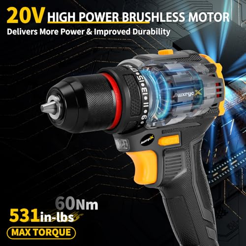 AwxryoX Brushless Compact Drill Tool Set, 60N.m 20V Cordless Drill Tool Box with 2 Battery, 135Pcs Man Household Combo Set with DIY Hand Taladros Kits, 531 In-lb Kit with Drill for Daily Home Repair