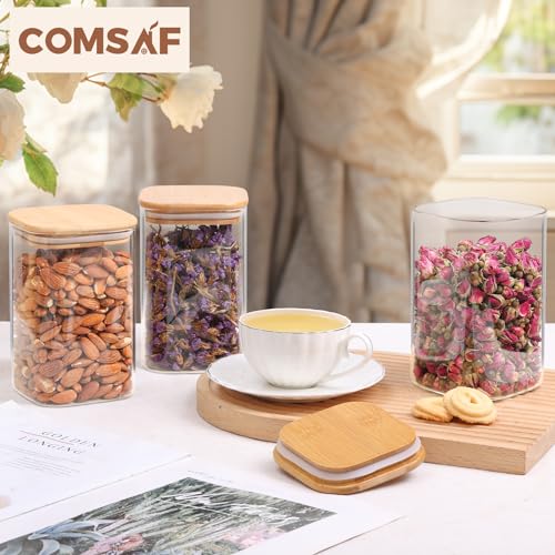 ComSaf Square Glass Containers with Lids 1.2 Qt, Set of 9 Pantry Glass Jars | Food Storage Jar, Kitchen Canisters, Storage Container, Bamboo Lid with Silicone Seal, Cookie, Flour, Spice, Coffee, BPA Free - size: 1.2Qt*9
