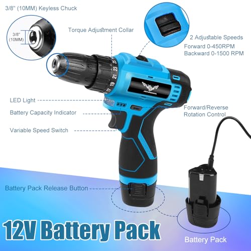 JENABOM 146-Piece Home Tool Set with 12V Blue Cordless Drill - color: Blue