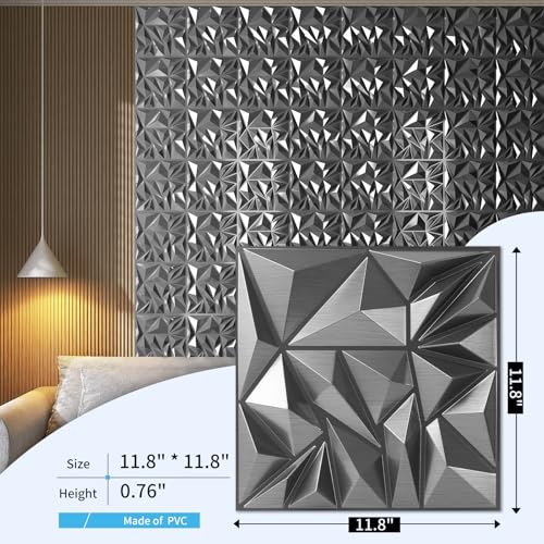 Art3d 33-Pack Modern Diamond Textured 3D Wall Panels, 12 x 12 in, Silver - color: ‎Silver, size: 12x12 Inch 33 pcs