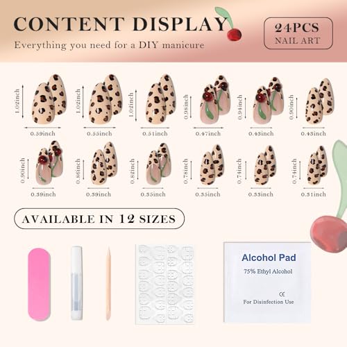 Spring & Summer 3D Cherry Leopard Print Press On Nails, Medium Almond Cheetah French Tip, Salon Quality Designer Reusable Acrylic Fake Nails, Stylish for Women’s Daily Wear & Birthday Parties - color: LF-3688, size: 24 Pieces (Pack of 1)