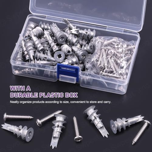 Swpeet 120Pcs Heavy Duty Zinc Self Drilling Drywall Anchors with #8 x 1-1/4'' Screws Kit, No Pre Drill Hole Preparation Required - Self-Tapping Drywall Anchors for Hanging and Mounting