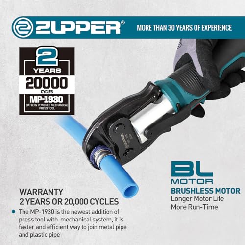 ZUPPER Mini Press Tool for 1/2", 3/4", 1" PEX Pipe Stainless Steel Sleeves - style: MP-1930 (kit with 3 Jaws Suitable for PureFlow PEX press fittings 1/2", 3/4", 1")