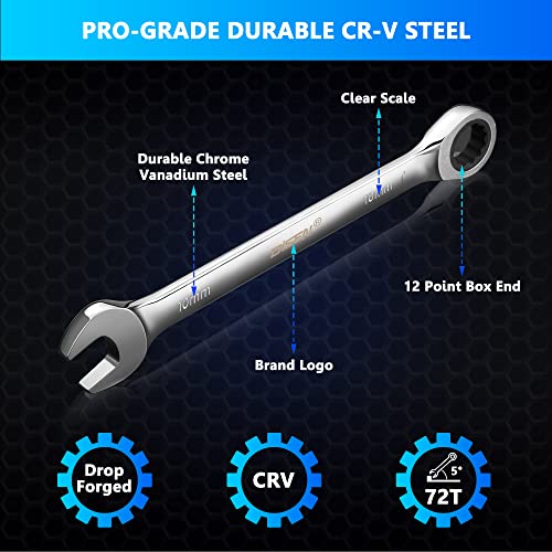 DISEN 22 PCS Ratcheting Wrenches Set, Combination Wrenches Set SAE & Metric Standard, 1/4" to 3/4" and 6-18mm Size, CR-V Steel, 12 Points 72-Teeth - size: 22pcs metric & sae set