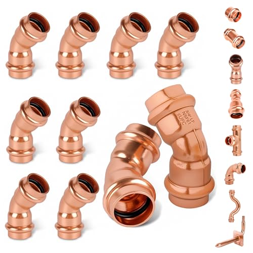 45 Degree Copper Press Elbow Fitting, Lead-Free Plumbing Pipe Fitting, Compatible with Standard Press Connection Tools, NSF Certified, for Residential & Commercial Use (10-Pack) - size: 3/4" copper press elbow 45°-10P