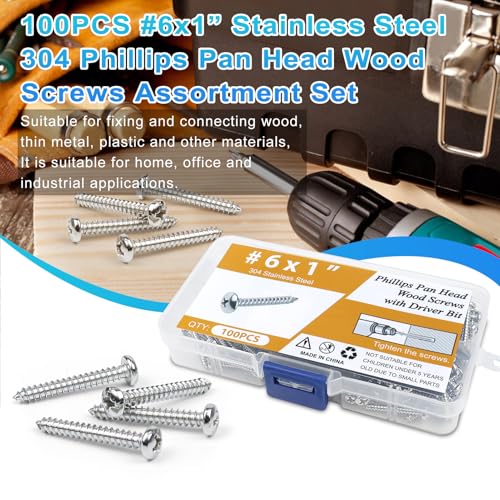 100PCS #6 x 1 Wood Screws, Pan Head Stainless Steel Sheet Metal Screws, Fast Self Tapping Screws for Deck Drywall Concrete Screws with Screwdriver Bit - style: Silver #6X1" Pan Head 100PCS
