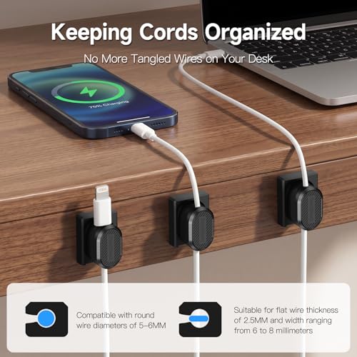 6-Pack Magnetic Cable Clips with Detachable Magnetic Base, Auto Dock Cable Organizer, Self-Adhesive Cord Holder for Round & Flat Cables, One-Hand Cable Management for Desk, Car, Office - size: 6 Pack
