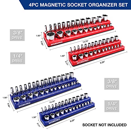 WORKPRO Magnetic Socket Organizer Set, 4-Piece Socket Holder Set - size: 4 Pieces-1/4" & 3/8" DR, SAE & Metric