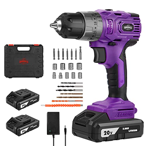 Purple Brushless Cordless Drill Set, 20V Compact Power Driver Kit with Electric Motor, 20+3 Torque Setting, 48 N.m, 2 Variable Speed, 23pcs Driver Bits, and Tool Box for Women Men Home DIY
