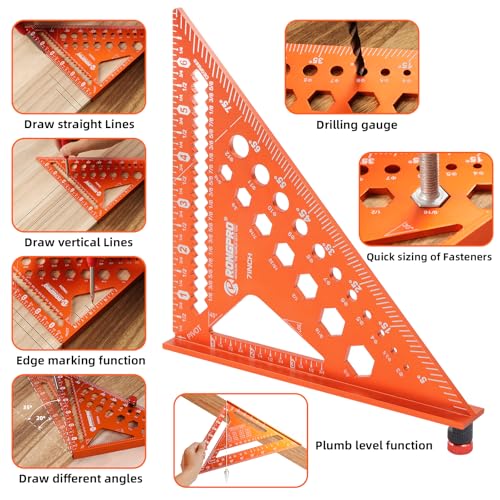 2pcs Rafter Square, 12-inch & 7-inch Carpenter Sqaure Set withWoodworking Pencil, Carpenter Measuring Layout Tool,Aluminum Alloy Triangle Ruler for Woodworking- Imperial - size: 7+12 inch