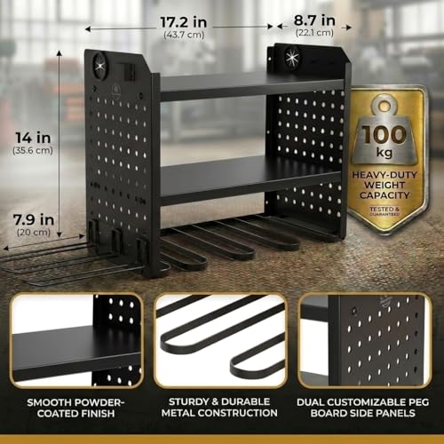 BUILTSTRONG Power Tool Organizer Wall Mount – 3-Tier Heavy-Duty Steel Rack, 6 Drill Slots, Dual Pegboard Sides, Side-by-Side Modular, 100 lb Capacity – Garage & Workshop (Black) - color: Black, size: 6 Drill Holder