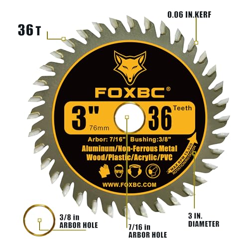 FOXBC 3 Inch Carbide Circular Saw Blade 36 Tooth for Wood, Plastic, PVC, Acrylic, Aluminum with 7/16" Arbor, 3/8" Bushing - 3 Pack