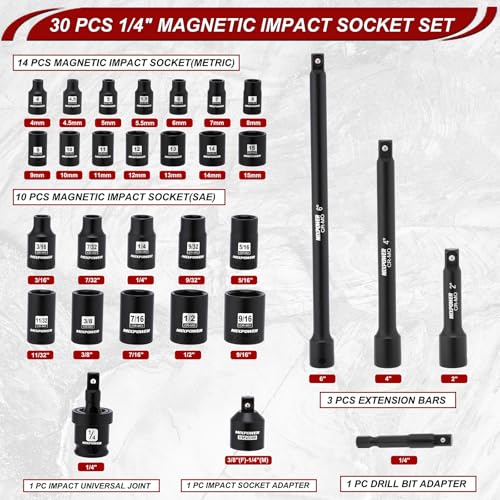 MIXPOWER 30 PCS 1/4" Drive Shallow Magnetic Impact Socket Set,Metric/SAE, 6-Point, CR-MO, Magnetic Socket with Impact Socket Adapter, Universal Joint,Extension & Drill Bit Adapter