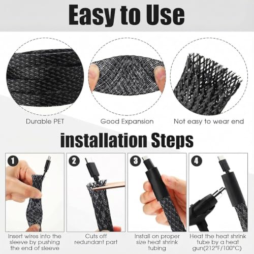 Tatuo 151 ft Braided Cable Sleeve Expandable Wire Sheathing(Black) - color: Black, size: 151 ft
