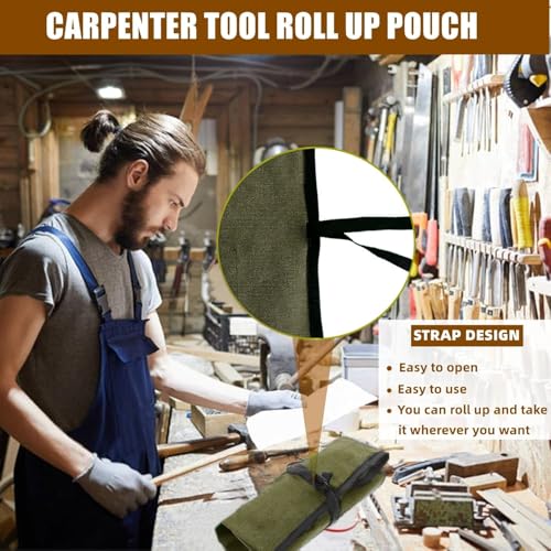 BLIRITEL Small Canvas Chisel Roll, Chisels Bag Tool Organizer with 4 Pockets, Metal Pry Bar Plier Wrench Roll Tool Pouch for Mechanic Carpenter Craftsman (Army Green) - color: Army Green