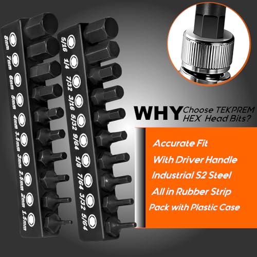 TEKPREM 20-Piece Metric & SAE Hex Bit Set with Magnetic 1/4" Screwdriver Bit Driver, Allen Wrench Drill Bits, Rubber Strip, and Storage Box