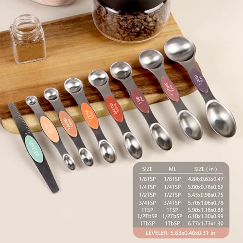 ChefAide Set of 8 Magnetic Measuring Spoons, Stainless Steel, Dual Sided - color: Multicolor-3, size: Magnetic Measuring Spoons
