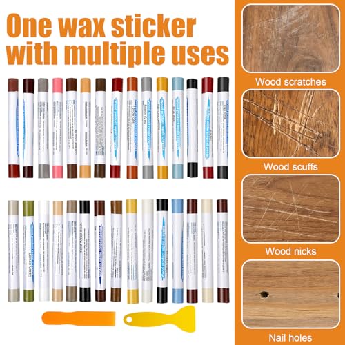 32Pcs Wood Filler Sticks, 30 Colos Wood Filler Putty Wax Crayons, Furniture Repair Kit, Putty Sticks for Baseboard Cabinets Furniture Floors (with 2 Scrapers)