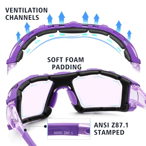 UKNOW Safety Glasses - Anti Fog Wraparound Lenses - Removable Foam Gasket - ANSI Z87.1 Protective Eyewear - Impact Resistant - color: Purple With Light Tint