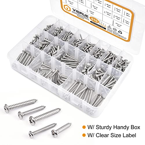 VIGRUE 510Pcs Stainless Steel Wood Screws Assortment Kit, #4#6#8#10#12 Phillips Pan Head Sheet Metal Screws Self Tapping Screws Set,Length 3/8" to 1-1/2" - style: 510Pcs Pan Head #4#6#8#10#12