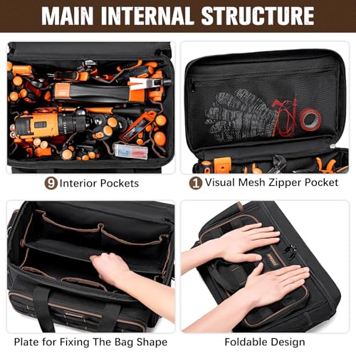 Tool Bags for Men, 17 Inch Heavy Duty, 20 Pockets, Wide Mouth | Full-opening design, 900D Oxford and shoulder strap for worksites, for electricians, mechanics, carpenters and HVAC techs