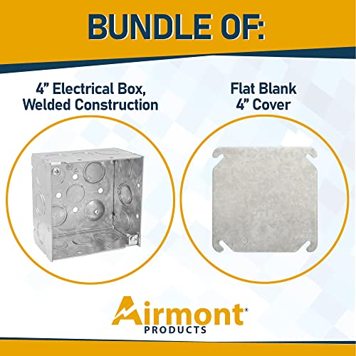 Pack of Box and Cover 4'' Square Electrical Box, Flat Blank Exposed Work Cover, Welded Construction, Ten 1/2'' and Six TKO Knockouts, Raised Ground, 2-1/8'' - size: Flat Blank