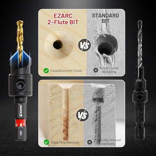 EZARC Countersink Drill Bit Set, 12PCS 2-Flute Adjustable Bits for Wood