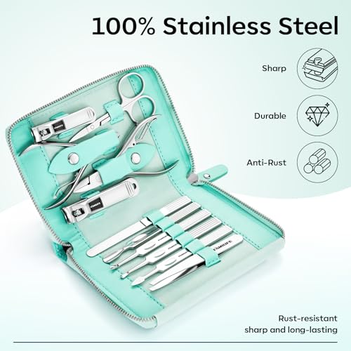 FAMILIFE Stainless Steel Manicure Set 11-in-1 Professional Nail Clipper Kit - color: Mint Green
