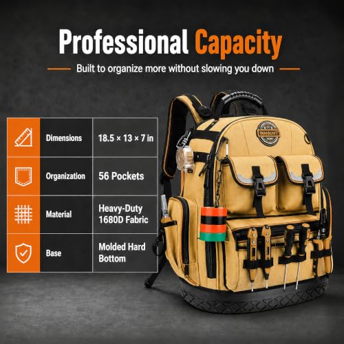 LOKASS Tool Backpack Heavy Duty, 18.5 in, 56 Pockets, Molded Bottom, Brown - color: Brown