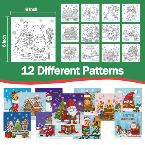 12 Packs Christmas Pre Drawn Canvas to Paint， 6” X 6” Pre Printed Canvas Boards, Pre Stretched Outline Painting Kits for Beginners, Adults, Party Favors & Romantic Craft Activities