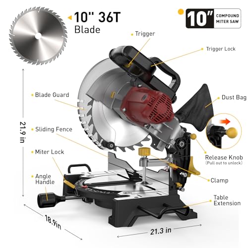 10-inch Compound Miter Saw, 5000RPM, 15 Amp, Single Bevel 0-45° with Extension Table, 36T Blade, Power Saw for Metal, Plastic, Wood, Laminates