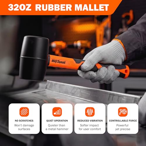 AV Steel 5-Pack Mallet Hammer Set - 32oz Rubber Mallet, 33mm Double-Faced Mallet, 16oz Claw Hammer, 16oz Ball Peen Hammer & 3lb Sledge and Gloves for DIY and Home Repair