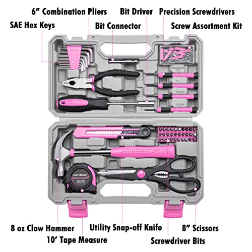 CARTMAN Complete Household Tool Set, Pink Hand Kit With Storage Case - color: Light Pink