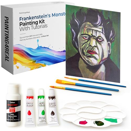 Painting4Real DIY Painting Class Kit for Adults with Video Tutorials: Learn to Paint Frankenstein – How to Paint with Acrylics – Painting & Art Supplies – 9 Piece Acrylic Paint Set - color: Monster Frankestein