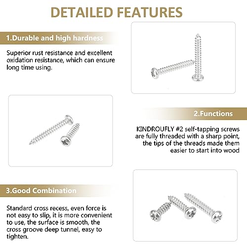 252 Pieces #2 x 1/4" 3/8" 1/2" 5/8" 3/4" Phillips Pan Head Self-Tapping Screws, Wood Screws Assortment Kit, 304 Stainless Steel - size: #2