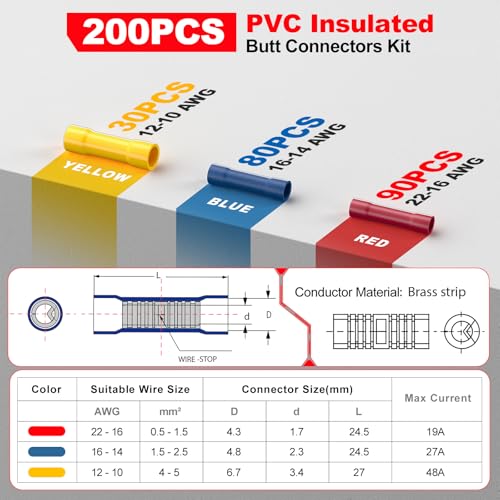 AIRIC Wire Butt Splice Connectors Kit Insulated Electrical Crimp Terminal - size: 200 PCS