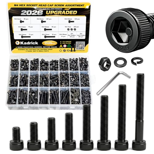 Kadrick M4 Screws Kit 1520PCS, M4x6MM-25MM Bolts with Nuts,Washers & Hex Wrench, Optimized Size Distribution, Class 12.9 Socket Head Cap M4 Screws, Black Zinc Plated, for Mechanical, Repair & DIY - size: M4 1520Pcs