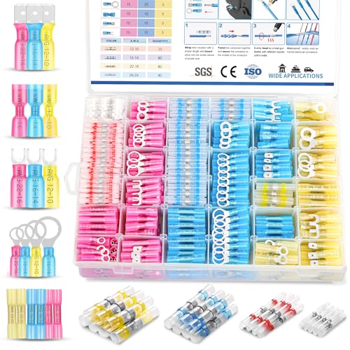 Kuject 500PCS Heat Shrink Wire Connectors Kit, Waterproof Electrical Connector Assortment with Solder Seal Butt, Crimp Butt, Ring, Fork and Spade Terminals, 26-10 AWG for Marine Auto Truck DIY