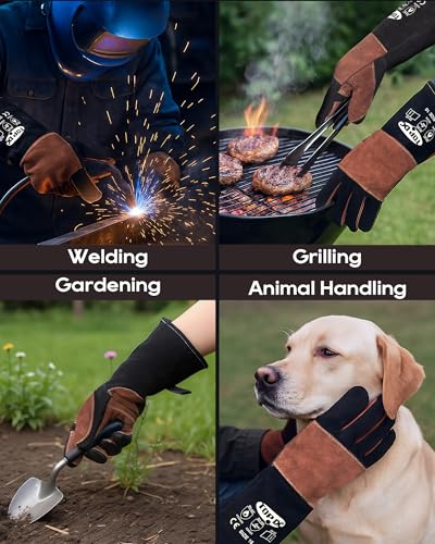 TOPDC Welding Gloves 16Inch 1000℉ Heat Resistant Leather for MIG Stick, M - color: 16 Inch Black-brown (Medium)