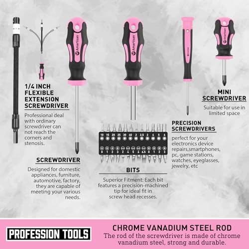 Magnetic Screwdrivers Set with Case, Amartisan 43-piece Includs Slotted, Phillips, Hex, Pozidriv,Torx and Precision Screwdriver Set, Magnetizer Demagnetizer Tools, Tools for Men (Pink)) - style: 43-piece Screwdrivers Set (Pink)