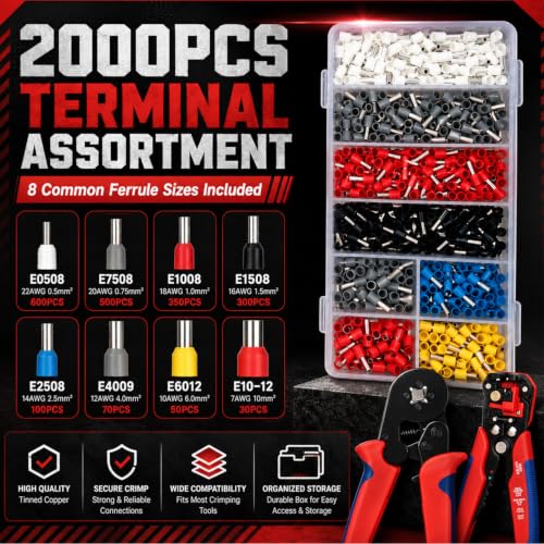 Ferrule Crimping Tool Kit, Square Crimping Plier + Automatic Wire Stripper, 2000PCS Ferrule Terminal Connectors 8 Sizes, for 0.5‑10mm² Electrical Wire, Professional Crimper Set for DIY and Electrician
