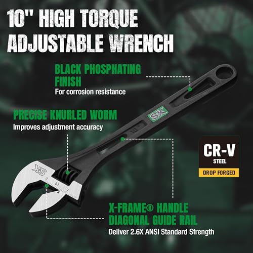 SK 10-Inch Adjustable Wrench, 2.6X ANSI Strength, Black Phosphate Finish