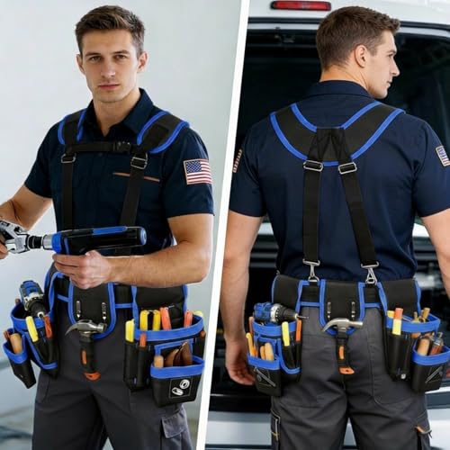 Magnetic Tool Belt, Heavy Duty Tool Pouch for men Magnet Holster Nail Utility Toolbelt Adjustable Waist Holder for Handyman Contractor (26 pockets with suspenders) (Blue) - color: Blue