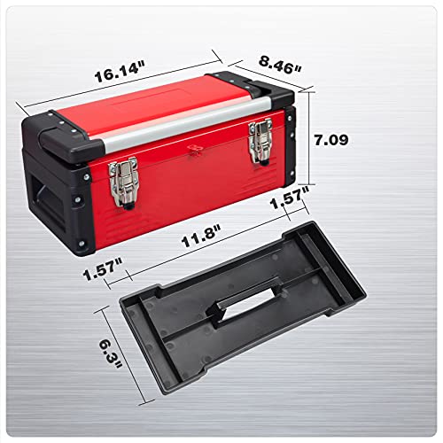 Jack Boss Metal Tool Box Steel 16" Inch Tool Organizer Box Durable Portable Tool Storage with Alum Alloy Handle Double-Lock Toolbox & Removable Tray … - size: 16Inch