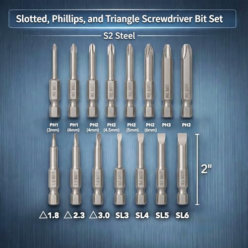 Bates- Screwdriver Bits Set, 2 Inch, 15 pcs, 1/4 Hex, S2 Steel, Triangle Slotted Phillips Magnetic Drill Bit Set